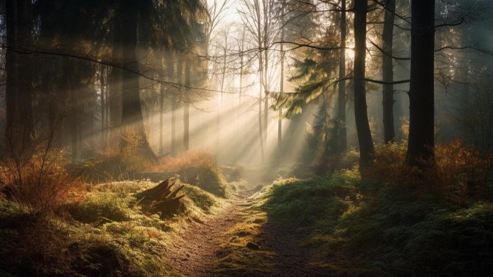 Sunlit forest path with golden rays of light streaming through tall trees and mist